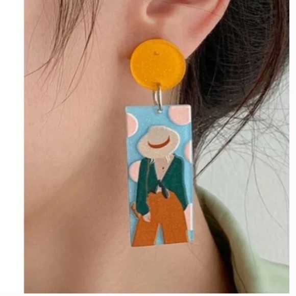 ❤️FREE Woman Figure Outline Boho Abstract Art Artsy Tie Blouse Drop Hat Earrings - Picture 3 of 3